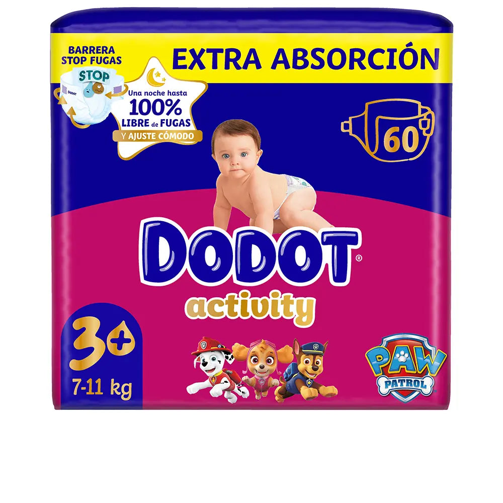 Fraldas DODOT ACTIVITY EXTRA tamanho 3 para bebês de 6 a 10 kg, pacote com 60 unidades.