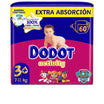 Fraldas DODOT ACTIVITY EXTRA tamanho 3 para bebês de 6 a 10 kg, pacote com 60 unidades.