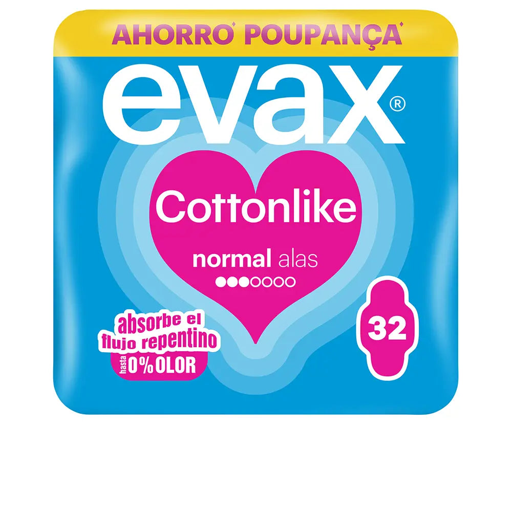 Absorventes normais EVAX com abas, semelhantes a algodão, 32 unidades