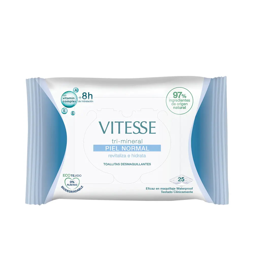 Lenços demaquilantes TRI-MINERAL para pele normal, 25 unidades.