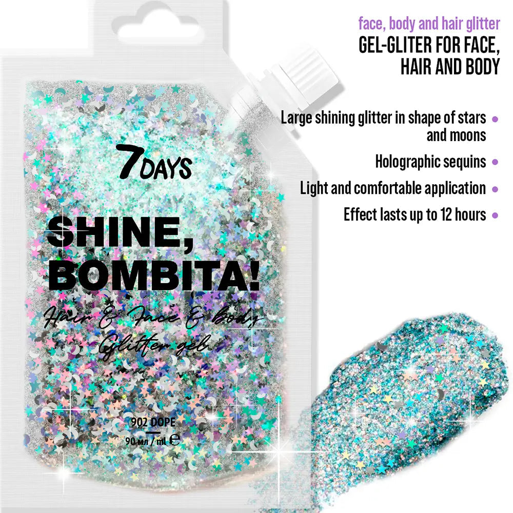 7DAYS-SHINE BOMBITA gel de glitter para cabelo e corpo 902 dope 90 ml.-DrShampoo - Perfumaria e Cosmética