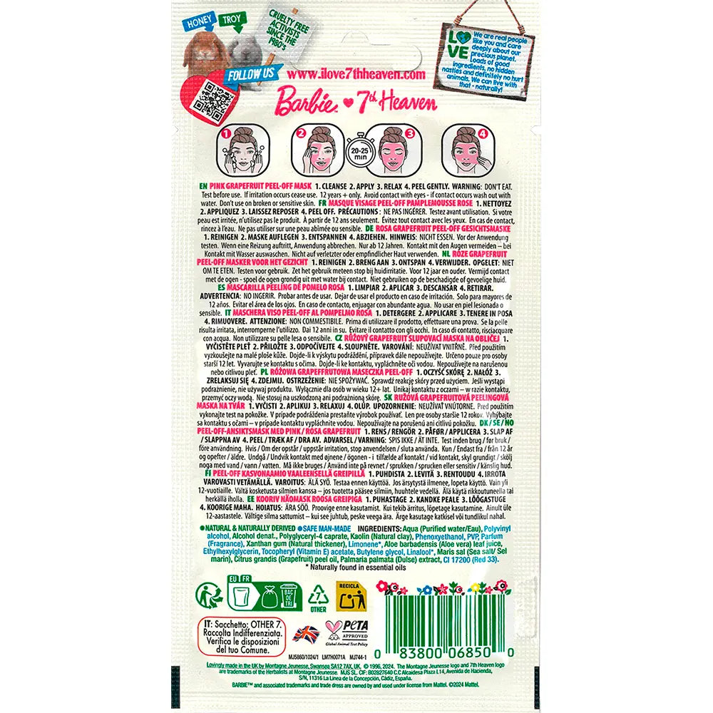 7TH HEAVEN-Máscara facial peel-off BARBIE grapefruit rosa 10 ml-DrShampoo - Perfumaria e Cosmética