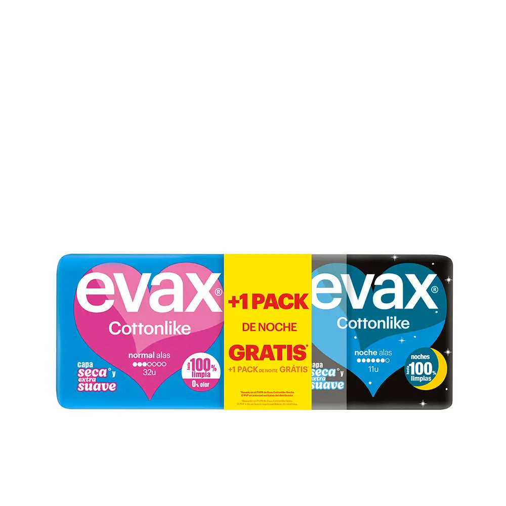 EVAX-EVAX COTTONLIKE pacote de pensos normais com asas dia 32 unidades + asas noite 11 unidades.-DrShampoo - Perfumaria e Cosmética