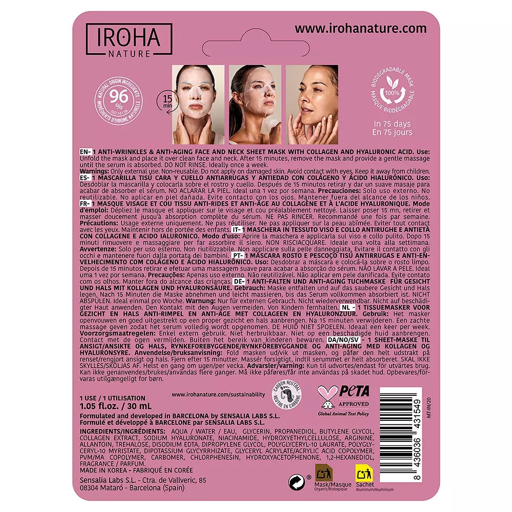 IROHA-100% ALGODÃO FACE & NECK MASK colágeno antiidade 1 uso-DrShampoo - Perfumaria e Cosmética