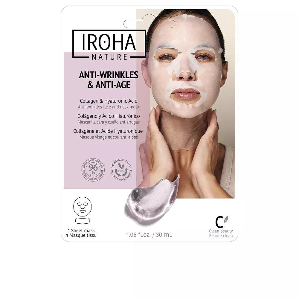 IROHA-100% ALGODÃO FACE & NECK MASK colágeno antiidade 1 uso-DrShampoo - Perfumaria e Cosmética