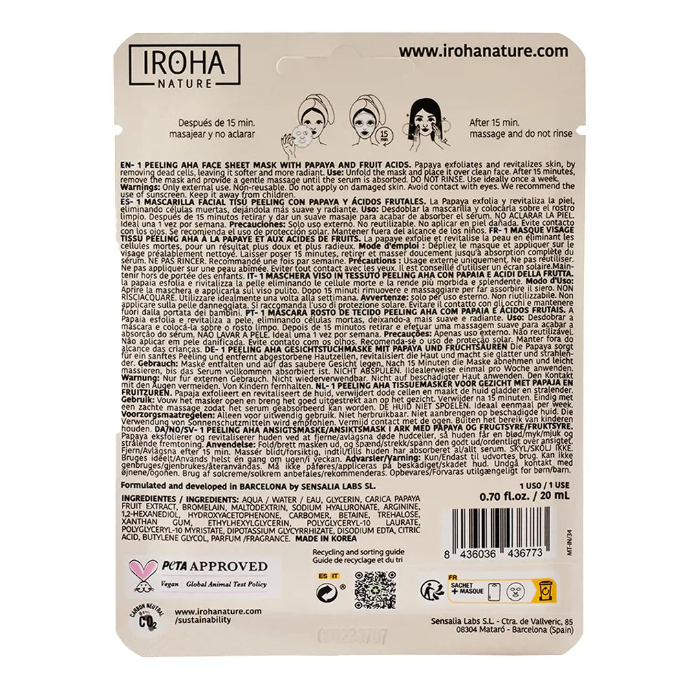 IROHA-Máscara de tecido facial PAPAYA PEELING AHA-DrShampoo - Perfumaria e Cosmética