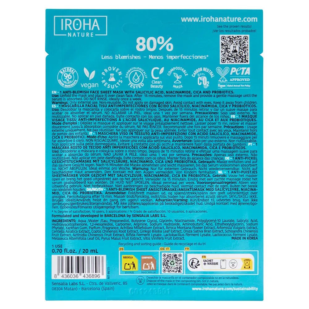 IROHA-Máscara facial anti-manchas em tecido ANTI-BLEMISH 1ud-DrShampoo - Perfumaria e Cosmética