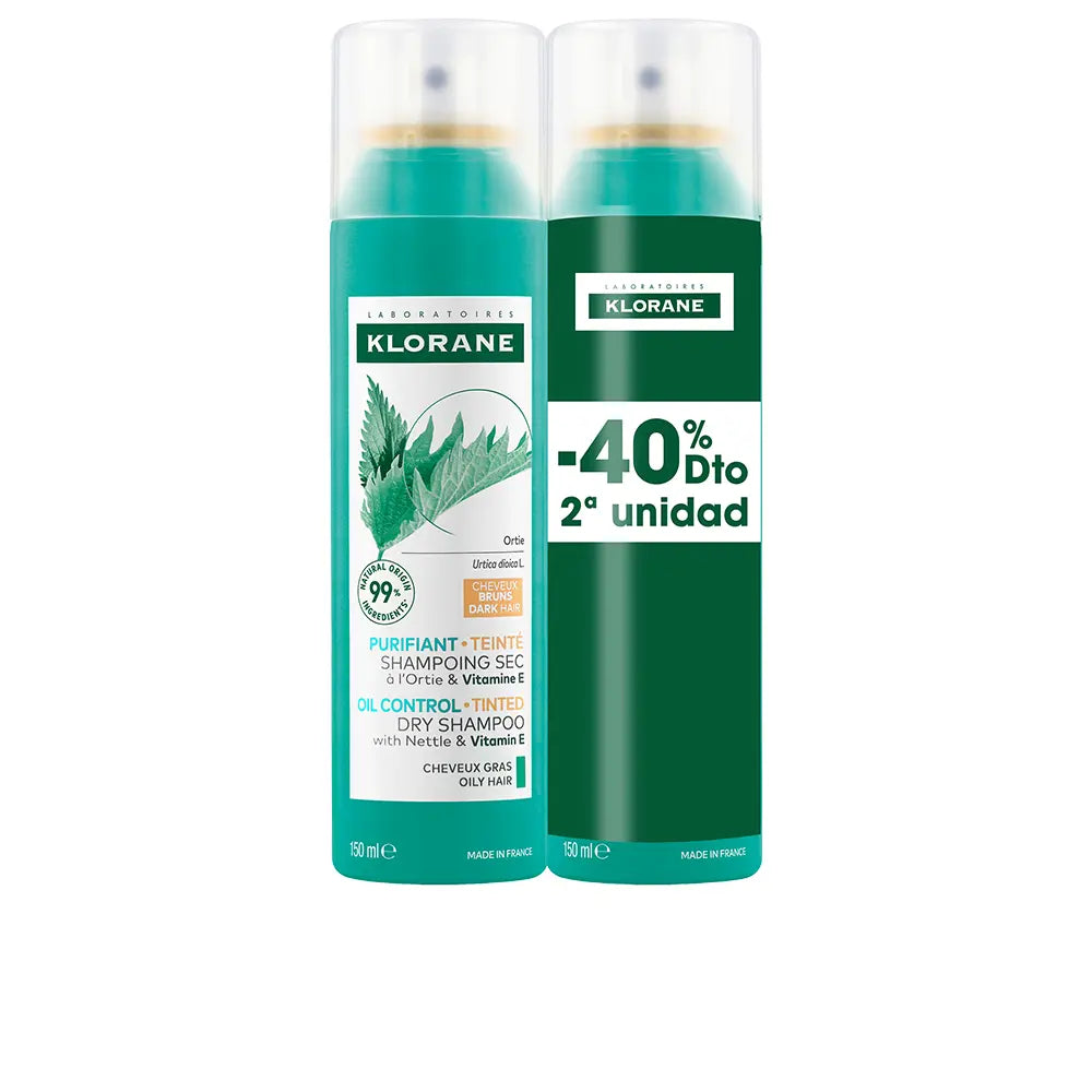 KLORANE-A LA ORTIGA shampoo seco regulador de sebo para cabelo castanho/escuro embalagem 2 x 150 ml.-DrShampoo - Perfumaria e Cosmética