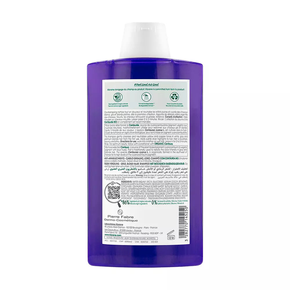 KLORANE-LA CENTAUREA BIO shampoo antiamarelecimento para cabelos grisalhos e loiros 400 ml-DrShampoo - Perfumaria e Cosmética