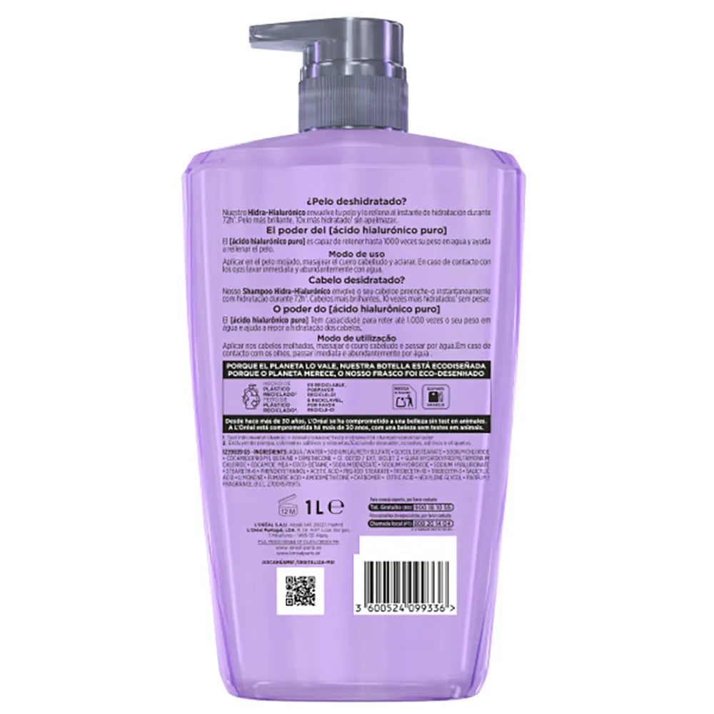 L'ORÉAL PARIS-ELVIVE HYDRA HYALURONIC shampoo hidratação 72h 1000 ml.-DrShampoo - Perfumaria e Cosmética