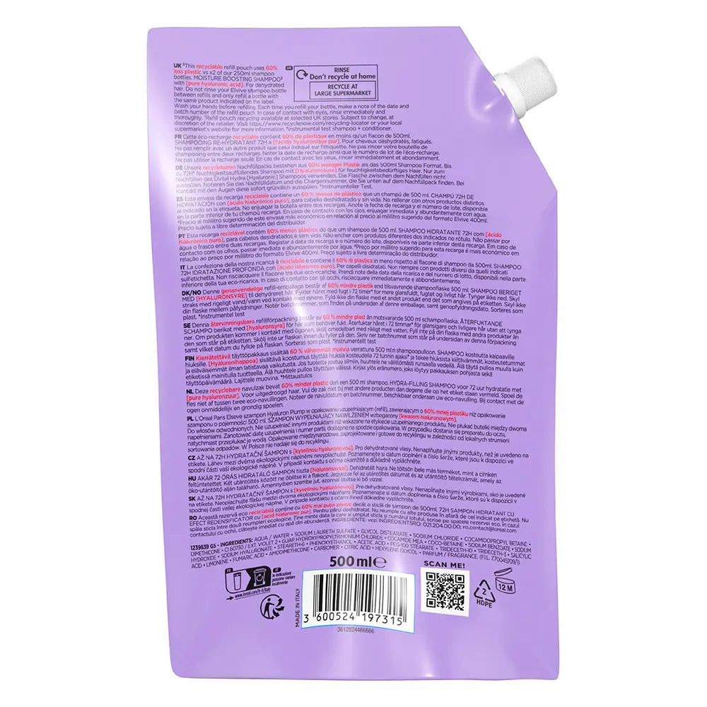 L'ORÉAL PARIS-ELVIVE HYDRA HYALURONIC shampoo recarga hidratação 72h eco pack 500 ml-DrShampoo - Perfumaria e Cosmética