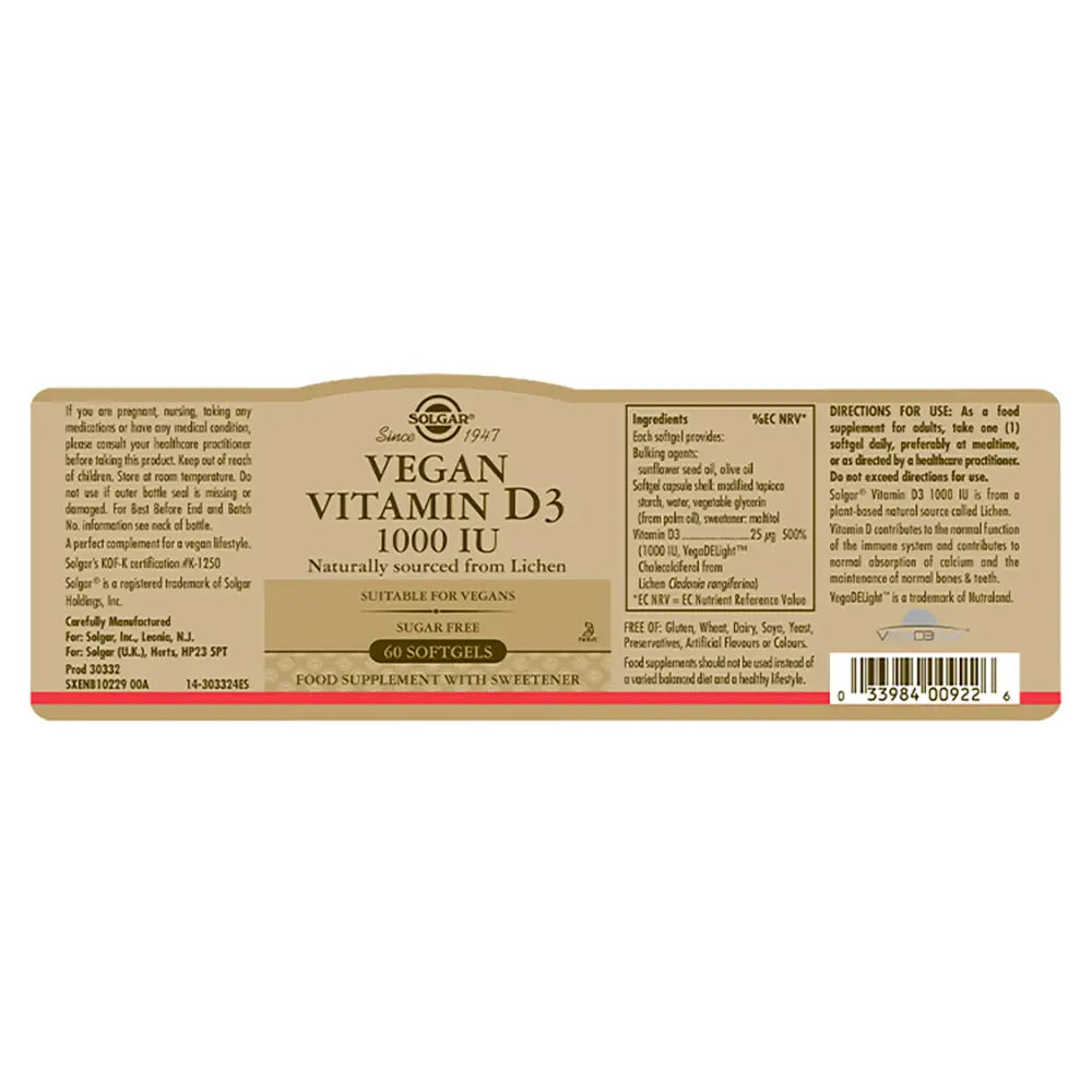 SOLGAR-VEGAN VITAMINA D3 1000UI mole cápsulas 60 u-DrShampoo - Perfumaria e Cosmética